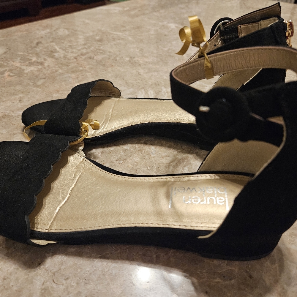 Lauren Blakwell Delilah black faux suede wedge sandals with zipped heel
